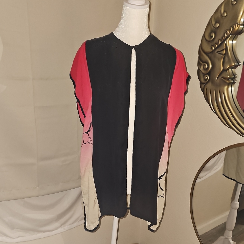 Anne Namba Black Pink Open Front Blouse Silk Colorblock Horse Print Oriental I6